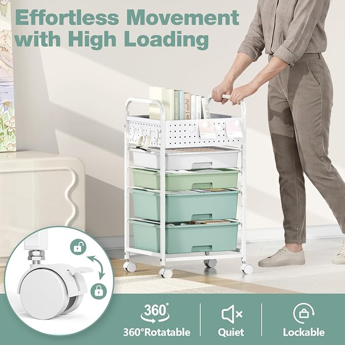 4 Drawer Rolling Storage Cart with Pegboard Top and Hooks, Gradient Green | Mobile Organizer Cart with Wheels for Office Supplies, Craft Storage, Classroom Organization, Home Utility Cart - Image 5