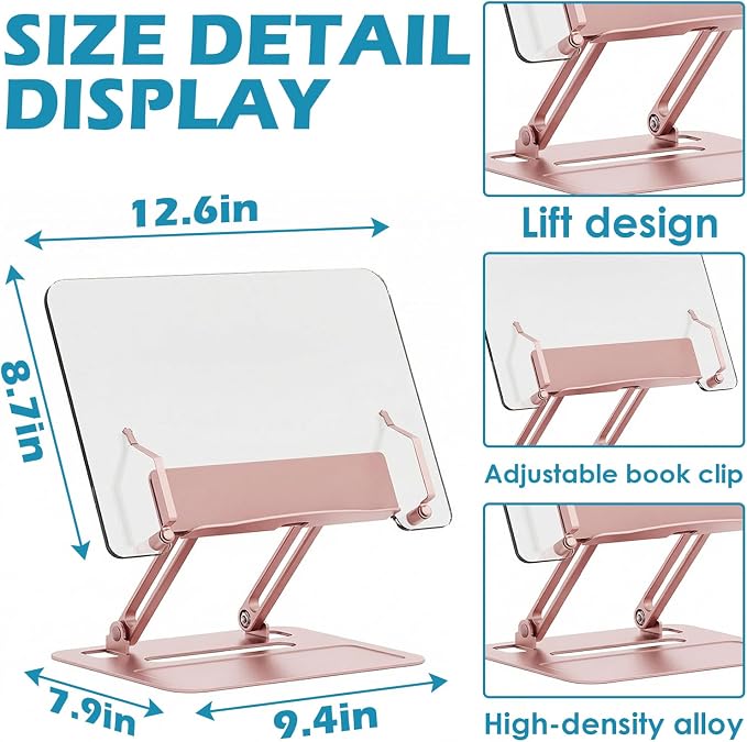 Acrylic Adjustable Book Stand, Reading Stand with Lift Design, High-Density Alloy Desktop Document Holder for Document Recipe, Cookbook, Music Book (Rose) - Image 2