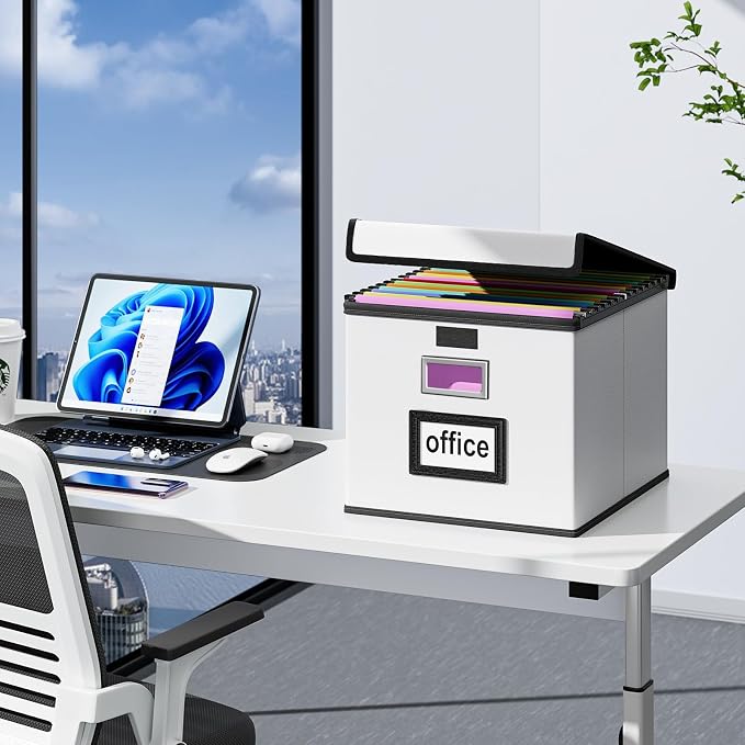 File Organizer Box with Lids, Collapsible File Folder Organizer | File Box with Plastic Slides for Document, Filing Bin for Letter Size Hanging File Folders (1 Pack, Silver, Leather) - Image 5