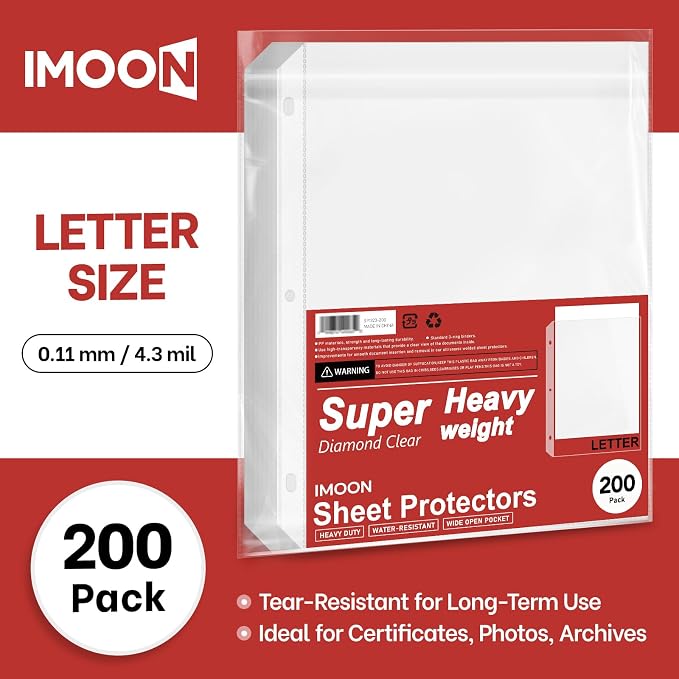 Super Heavyweight 3-Hole Letter Size Sheet Protectors - High Transparency Plastic Heavy Duty Sleeves for 3 Ring Binders, Archival Safe, Durable Page Protectors for Documents, 8.5x11 Inch (200 Pack) - Image 2