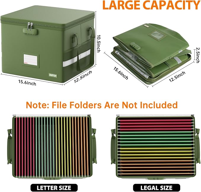ENGPOW 5200°F File Box Fireproof Document Box with Lock,Heat Insulated Collapsible File Storage Organizer Box with Handle,Portable Home Office File Cabinet for Hanging Letter/Legal Size Folder, Green - Image 8