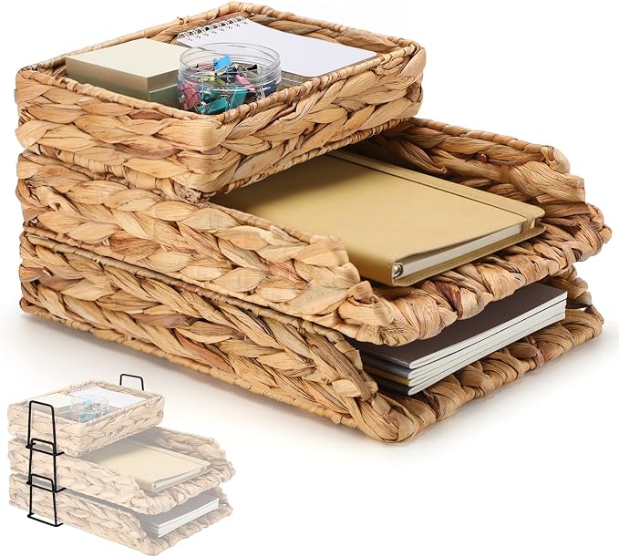 3 Pack Water Hyacinth Woven Stackable Desk Organizer Letter Tray, Primary Color Tabletop Desk Basket for Storage Paper Letter Folders Notebooks Copy Print, Workspace Holder by Geelin