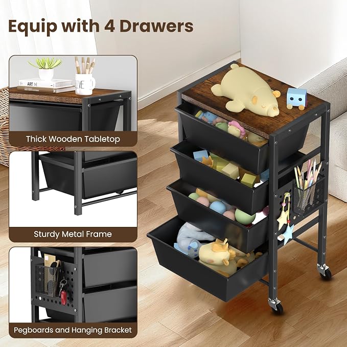 Rolling Cart with 4 Drawers, Plastic Drawer Storage Carts with Wheels & Wooden Tabletop, Metal Utility Cart with Pegboards, Office Living Room Classroom Craft Organization and Storage, Dark Black - Image 5