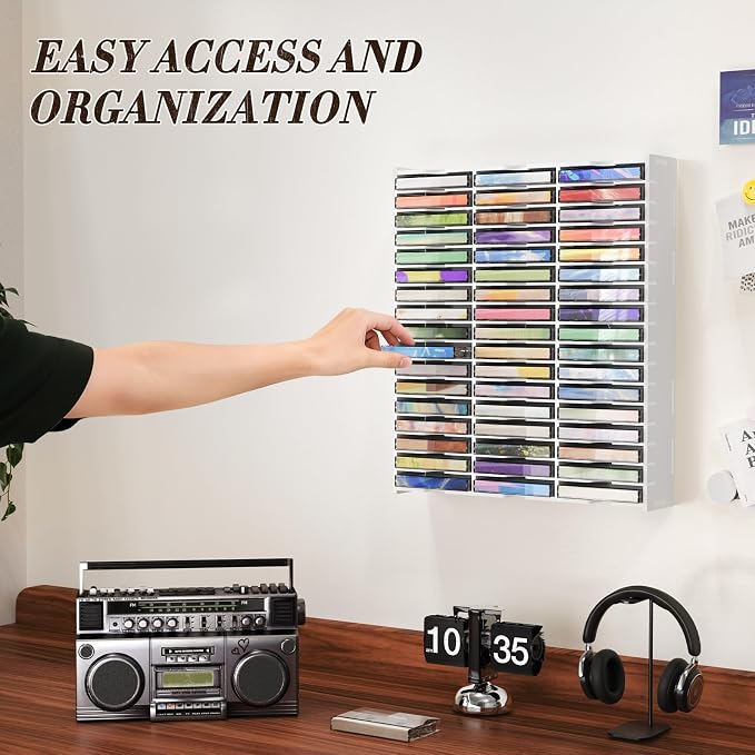 Cassette Tape Storage 51 Slot Desktop Rack 2PCS | Holds up to 102 Cassette Tapes, Wall-Mounted Design Keeps Audio Tapes Organized and Easy to Access - Image 3