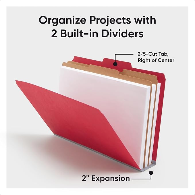Smead Pressboard Legal Size File Folders with SafeSHIELD Fasteners, 2 Dividers, 2" Expansion, Office Folders, Paper Holder, Bright Red, 10 per Box (19031) - Image 6