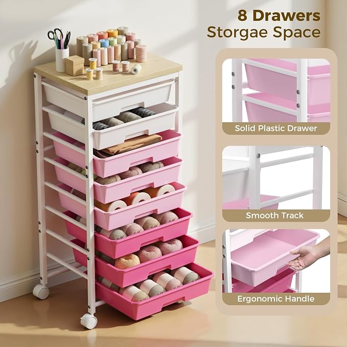 Rolling Cart with 8 Drawers, Plastic Drawer Storage Carts with Wheels & Wooden Tabletop, Metal Utility Cart Organizer for Bedroom Living Room Office Classroom Craft Organization and Storage, Pink - Image 4