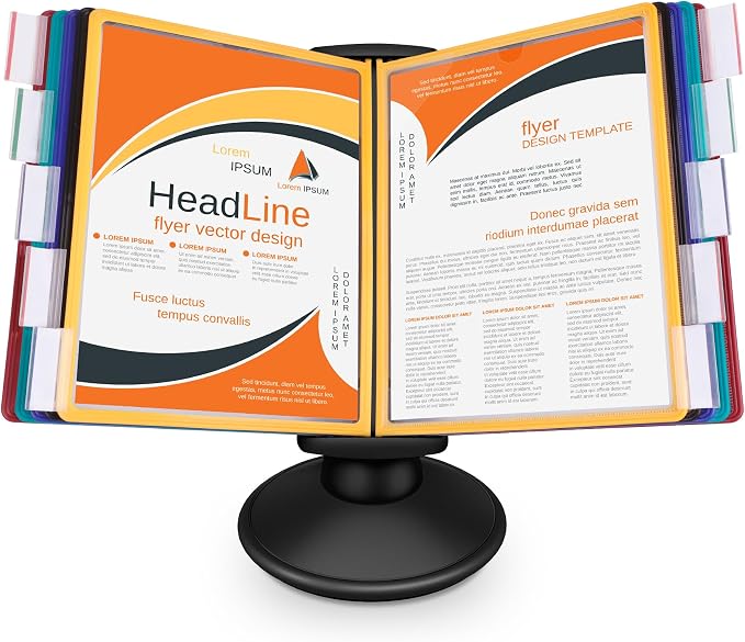 10-Pocket Desktop Reference & Display System with 360° Adjustable Base, Fast Flip & Find Desk Reference Organizer, A4/Letter Size 10 Double-Sided Panels with 5-Color Borders & Index Tabs, Black by Antner