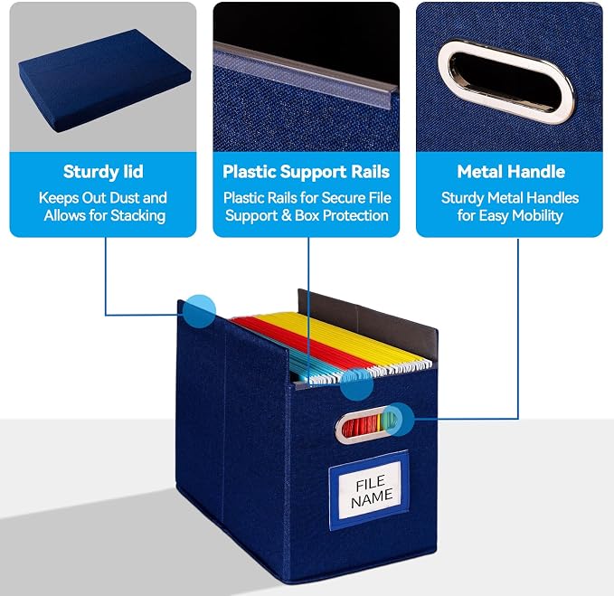 2 Pack Hanging File Folders Organizer with Lid, Letter Size Fabric File Storage Box Collapsible, Portable Office Document Holder with Metal Handle, Smooth PVC Rails, Blue - Image 5