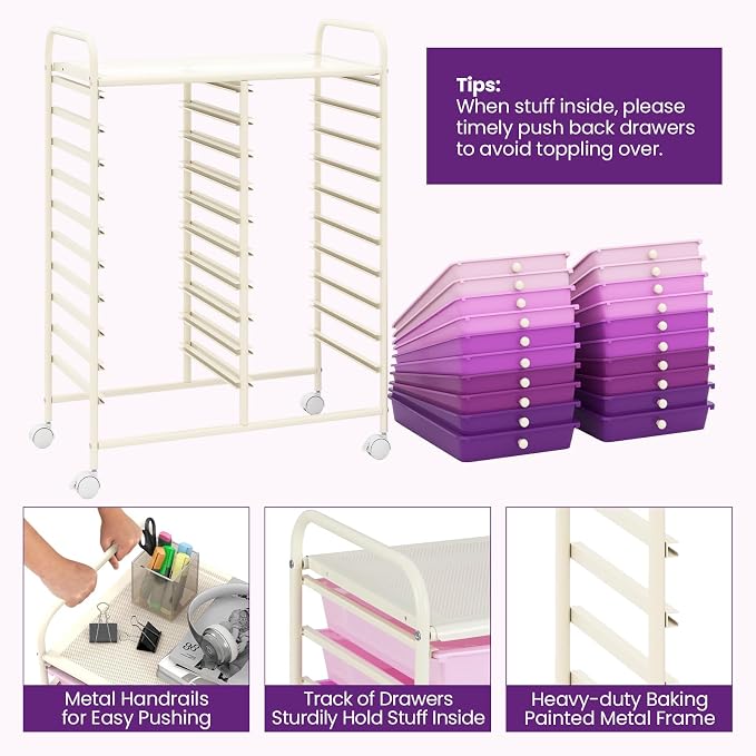 Giantex 20 Drawers Rolling Cart, Mobile Storage Drawer Cart, Classroom Organizer Cart for Office School Supplies Tools Scrapbook Paper Craft Small Printer, Utility Cart on Wheels, Gradient Purple - Image 4
