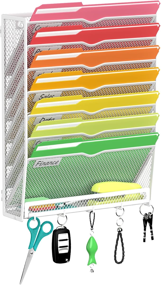 8-Tier Wall File Organizer with Hook, Hanging File Organizer White | Wall-mounted mail storage holds papers, folders, files, clipboards and magazines, assembly required for office or home use. by Unknown