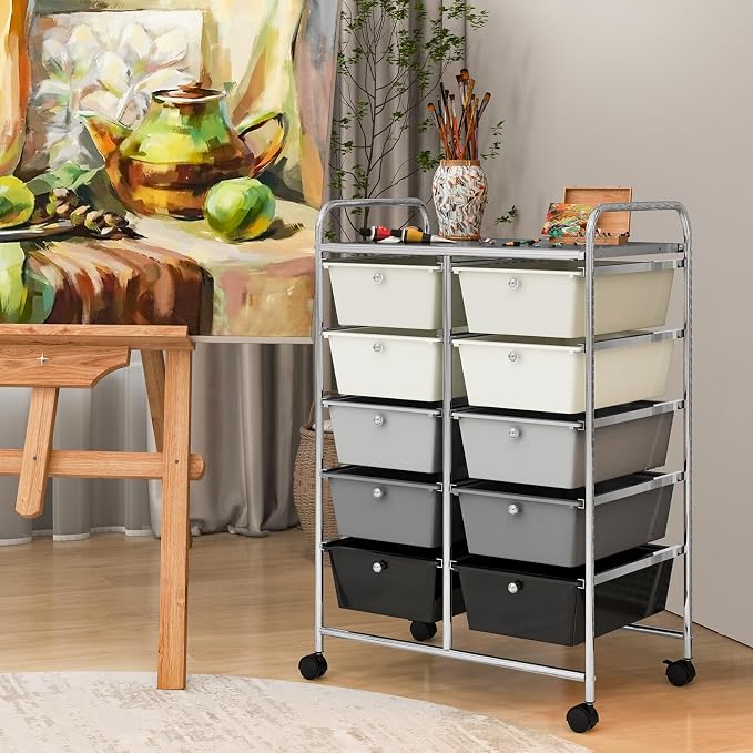 COSTWAY 10 Drawer Rolling Storage Cart, Utility Cart with Lockable Wheels | Mobile Art Supply Craft Organizer with Metal Frame, Multipurpose Drawer Cart for Paper for Office, School, Gray Gradient - Image 9