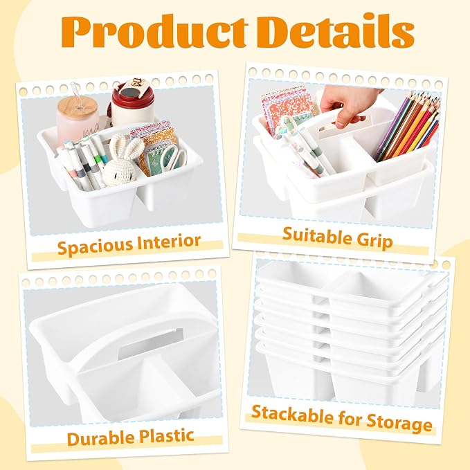 6 Pack 3 Compartment Small Caddy Plastic Classroom Organizer with Handle Portable Teacher Supply Storage Caddy Craft Art Caddies for Pencil, Crayon, Marker, Home, Office, School Supplies(White) - Image 3