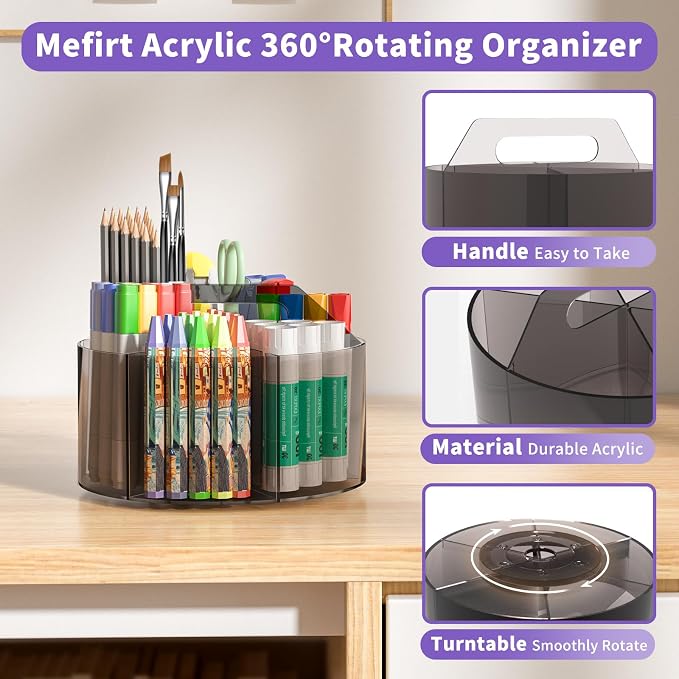Mefirt Acrylic Pen Organizer, 360 Degree Rotating Desk Organizer with 6 Compartments Crayon Holder for Office, School, Home, Art Supply, Grey - Image 6