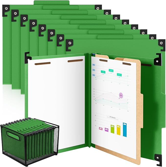 Henoyso 15 Pcs Hanging Classification Folders Bulk with 2 Prongs, 1 Divider Letter Size, 2 Inch Expansions Pressboard File Folder, 1/3-cut Tab File Organizer (1 Divider,Green) by Henoyso