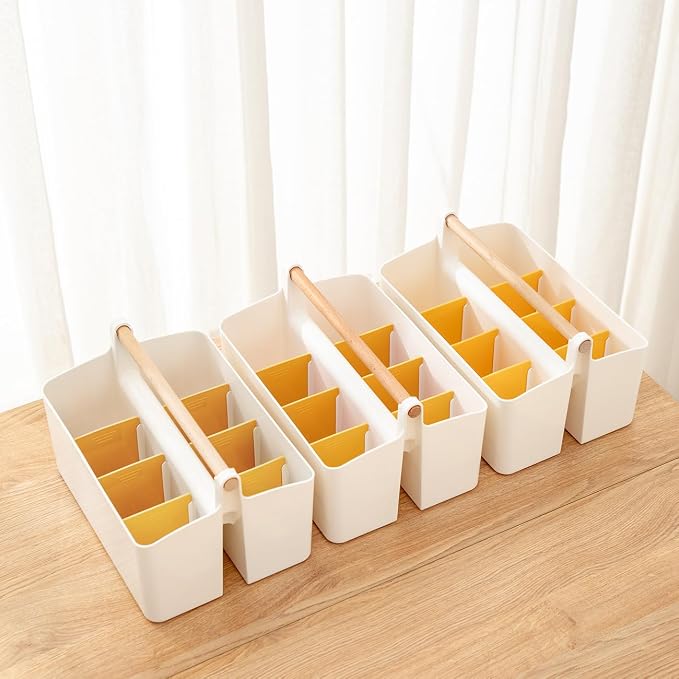EZOWare Set of 4 Plastic Stackable Caddy Tote Set, Large Storage Organizer Bins w/Removable Compartment Divider & Handle for Makeup, Bathroom, Office, School, Crafts, Nursery - White and Orange - Image 5