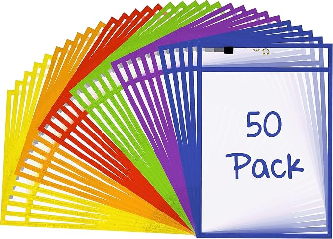 SCRIBBLEDO Dry Erase Pockets 50 Pack Assorted Colors Reusable Sleeves | Reusable Heavy Duty with Ring, Oversized 10x14 Large Size Tear Resistant Vinyl, No Ghosting Easy to Clean, Reinforced Stitch - Image 7