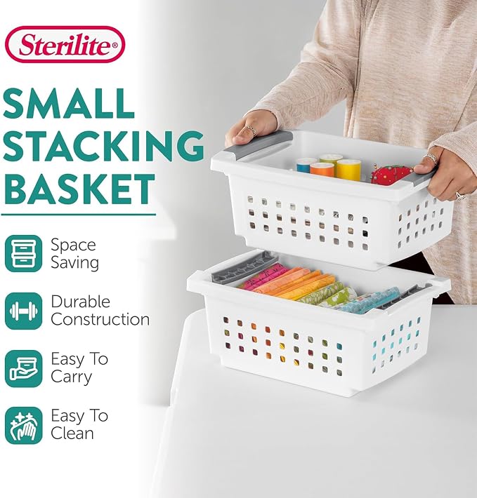 Sterilite 4 Pack Small Stacking Basket, Open Top Storage Bin with Handles, White - Ideal for Home Closets, Kitchens, or Office Organization - Image 2