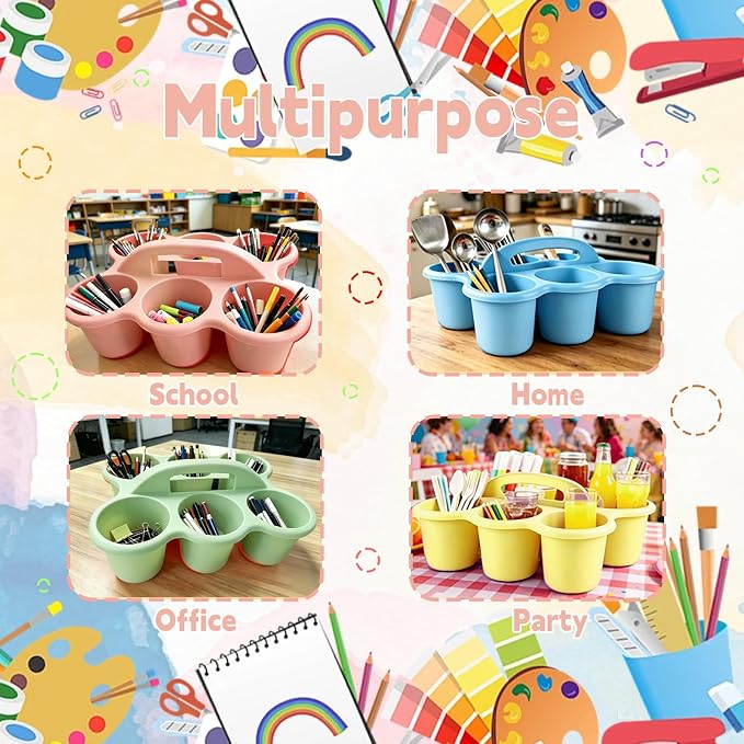 6 Pack Classroom Caddy Organizer with Handle Pastel Plastic Table Caddy 6 Compartments Storage Cup Holder for School Supplies Art Crafts Crayons Pencils Stackable Desk Caddy for Office Home - Image 7