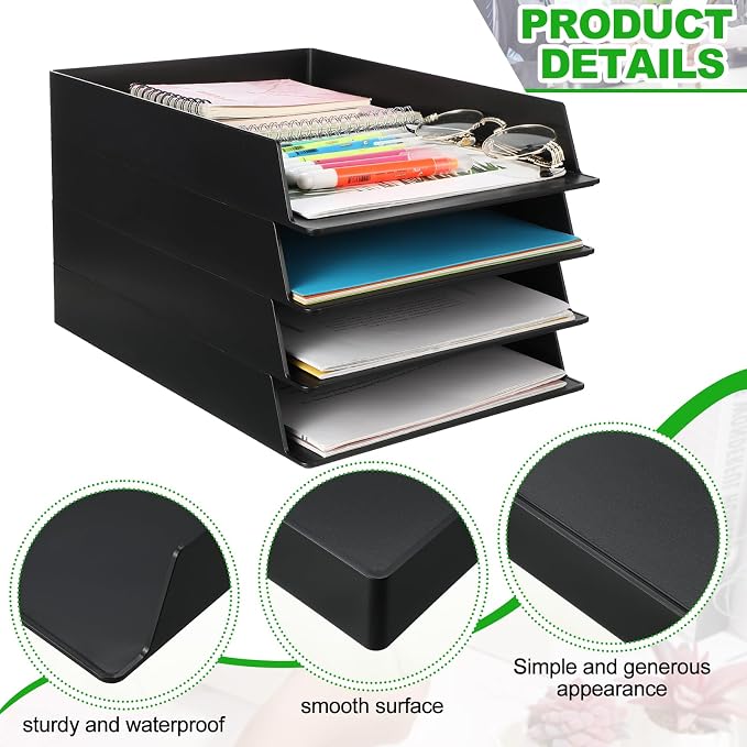 6 Pcs Stackable Paper Trays Rectangular Plastic Desk Holder Desktop Document File Organizer Storage Letter for Office Classroom (Black) - Image 3