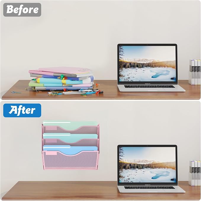 Gawerk 3 Tier Hanging Wall File Organizer, Mesh Mail Paper Orgnization Hanging File Folder Holder for Home Office, Pink - Image 4