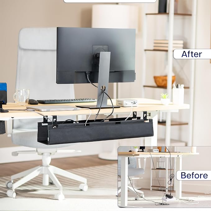 VIVO Screw-on Under Desk 31 inch Fabric Cable Management Tray, Wire Concealer, Power Strip Storage, Workspace Organization, Easy Fold Down Access, Black, DESK-AC31F-S - Image 2