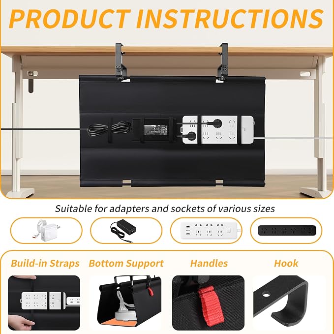 Under Desk Cable Management Tray No Drill, 28Inch Cable Management,Black | Clamp and Screw Mount Cable Management Tray, Extra Large Capacity Desk Cable Management, Fabric Wire Management for Office - Image 2