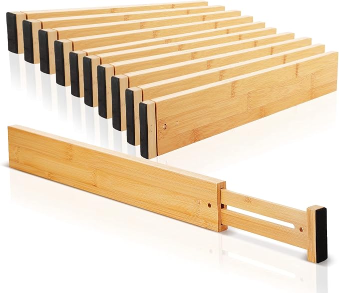 Sawysine 12 Pcs Bamboo Drawer Dividers Adjustable Drawer Organizers Spring Separators Organization Expandable Organizers for Kitchen Bedroom Bathroom Dresser Office (Natural Color,22 x 2.4 Inche) - Image 8