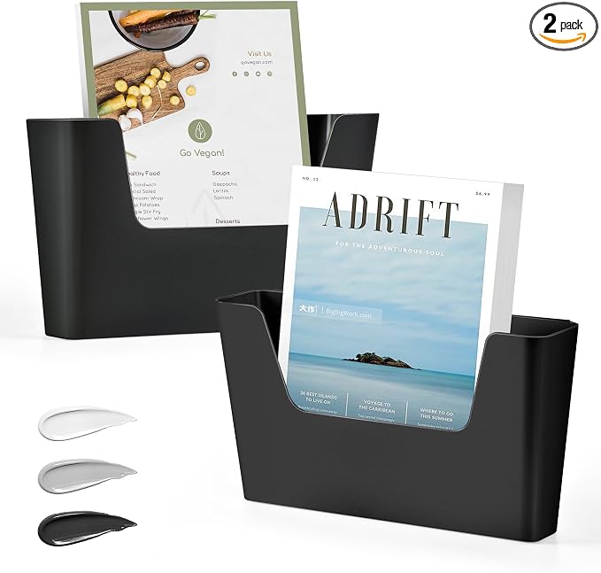 JOMOLA No Drilling File Holder 2 Pack Mail Organizer Wall Mount File Organizer Holder Office Wall Hanging Files Magazines Organizer Plastic Door Mount Wall Pocket with Adhesive Pad, Black Color by JOMOLA