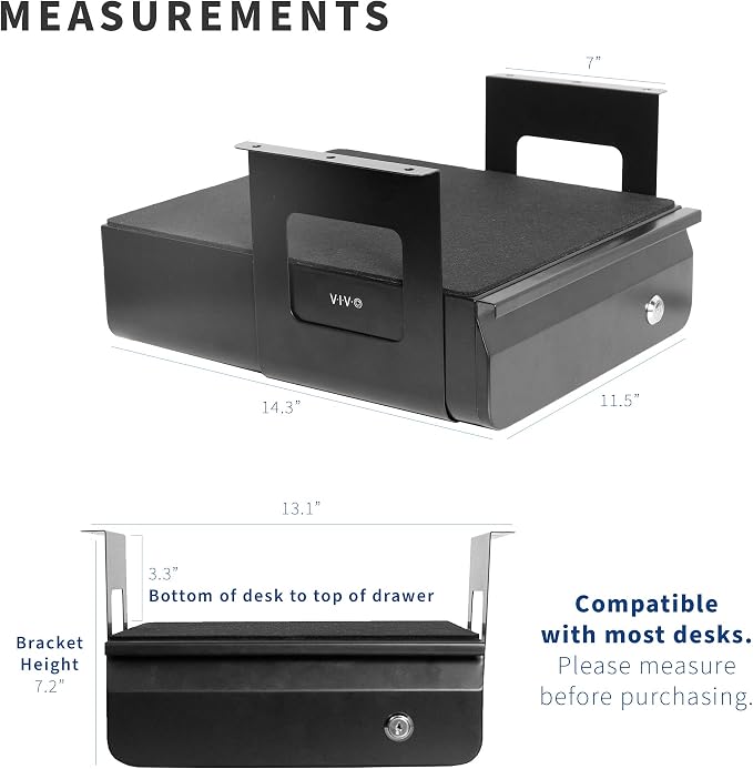 VIVO Black 12 x 14 inch Under Desk Drawer, DESK-AC03L-B | Sturdy Steel Design, Secure Locking Drawer, Home Office Storage Organizer, Holds 11 lbs - Image 3
