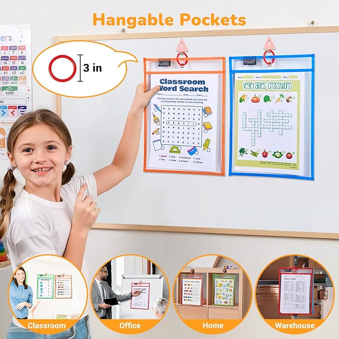 GAMENOTE 55 Pack Dry Erase Pockets, 10x14 Reusable Sleeves, 11 Colors | 55 reusable PVC pockets hold 8.5 x 11 and 9 x 12 sheets; double sided wipe clean surfaces, pen loops, eyelets, and 5 rings - Image 5