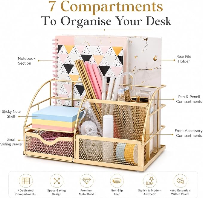 Exerz Desk Organizer Metal Mesh 7 Compartments Office Tidy Caddy Gold | Compact Gold Metal Mesh Design with Drawer and Multi Size Sections for Pens Notes Papers and Home Office Items - Image 3