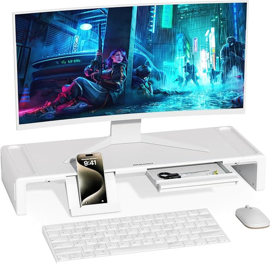 Monitor Stand Riser with Drawer & Phone Holder, Foldable Desk Organizer | Adjustable height laptop riser, built-in pen slot, space saving desktop organizer for home office White by Olmaster