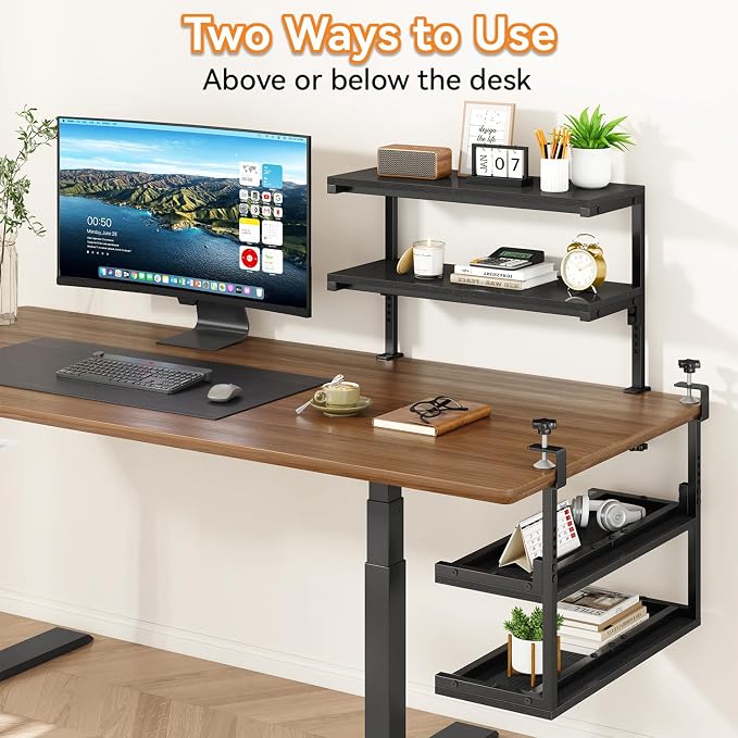 IBUYKE Clamp on Desk Shelf, 22.8” Large Desk Extender Shelves TMZ010B | Tool-Free, Flexible Repositioning,Adjustable, 2-Tier Storage Shelves, for Desktop Accessories,Desk - Image 3