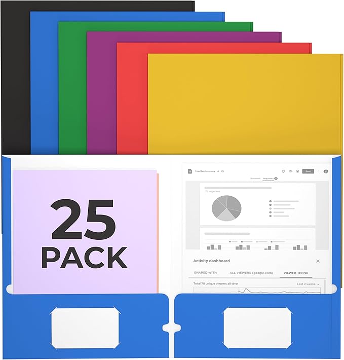 Folders with Pockets 2 Pocket Folders Bulk, Holds 100 Sheets (50 Sheets Per Pocket) Assorted Colors Office Or School (25) by VEEBOOST