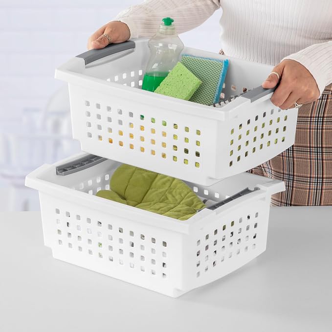 Sterilite 16 Pack Medium Stacking Basket, Open Top Storage Bin with Handles, White - Ideal for Home Closets, Kitchens, or Office Organization - Image 7