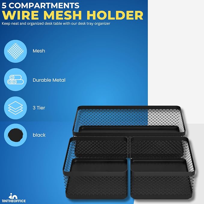 1InTheOffice Mesh Collection Desk Drawer Organizer Tray 3 Compartment - Stackable, Matte Black (2pack) - Image 2