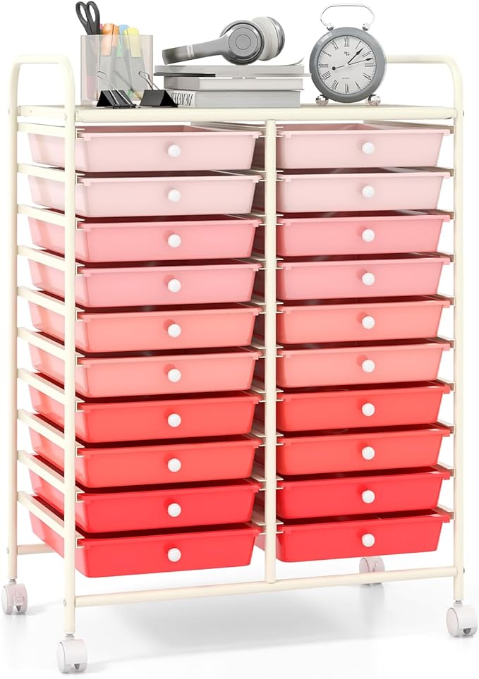 Giantex 20 Drawers Rolling Cart, Mobile Storage Drawer Cart, Classroom Organizer Cart for Office School Supplies Teacher Tools Paper Craft Small Printer, Utility Cart on Wheels, Gradient Pink by Giantex