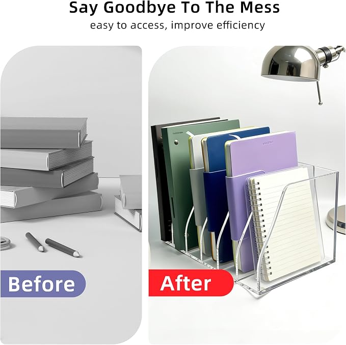 Clear Acrylic Magazine File Holder, 6 Compartment Desk Organizer | 6 spacious vertical compartments hold magazines, files, books & more. 5mm thick clear acrylic, non-slip base. No assembly. - Image 9