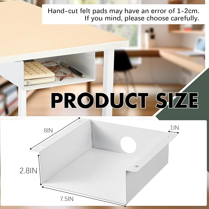 Yaocom 2 Pack Under Desk Hanging Shelf, Carbon Steel Storage Tray with Mute Felt Sheets, Mount Shelves Organizer for Office Home Workstation Gaming Desk Stand up(7.5x8x2.8 in/Storage Shelf,White) - Image 2