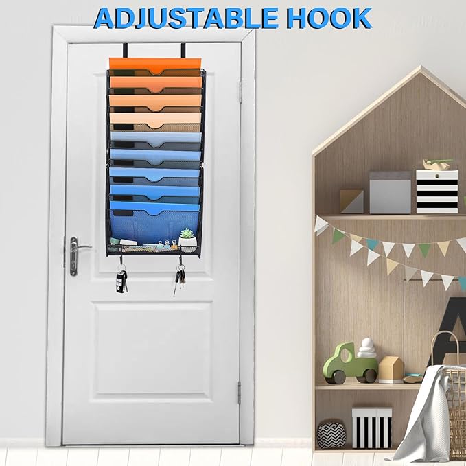 Wall File Organizer, 10 Pockets Mesh Hanging File Organizer | Wall Mount File Paper Folder Holder With Hooks, Wall Organizer Magazine Document Mail for Office School, Black - Image 6