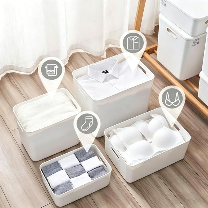 Ytteve 6 Pack White Plastic Storage Bins with Handles, Durable Organizer - 4 L (11.8"x8"x9.8") & 2 M (11.8"x8"x4.7"), Multi-size Storage Containers for Home, Closet, Shelves, Drawers, Office - Image 7