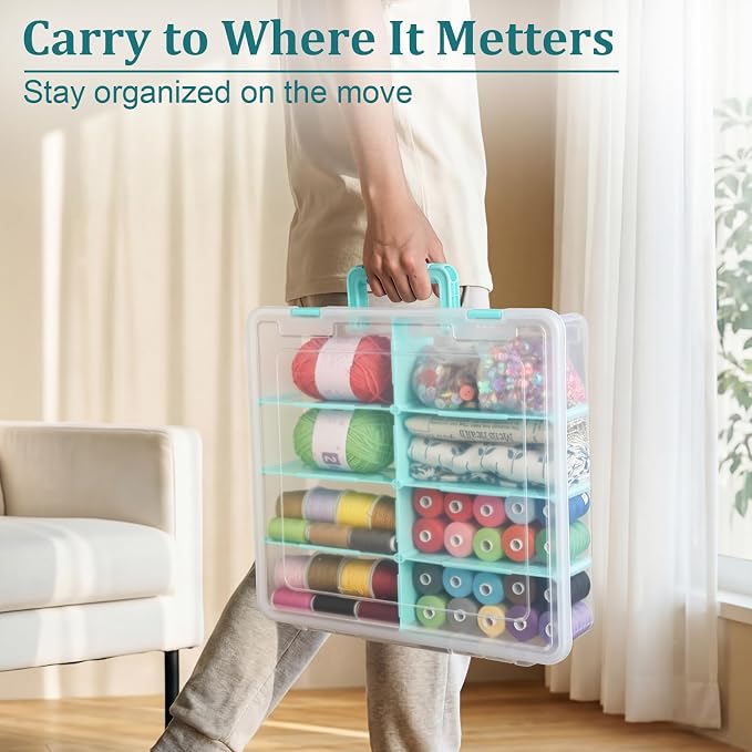 BTSKY Clear Plastic Dividing Storage Box with 8 Compartments Adjustable Storage Bin with Lid Portable Craft Storage Container Multipurpose Sewing Box Art Supply Organizer, 15.1x13.9x3.5 Inches | 15.1x13.9x3.5 Inches Adjustable Storage Bin with Lid Port... - Image 5