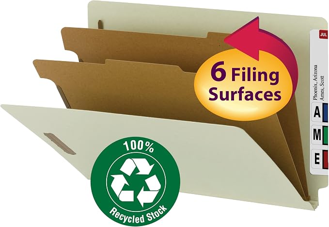 Smead 100% Recycled End Tab Classification Folder, 2 Dividers, 2" Expansion, Legal Size, Gray/Green, 10 per Box (29802) (Pack of 5) - Image 2