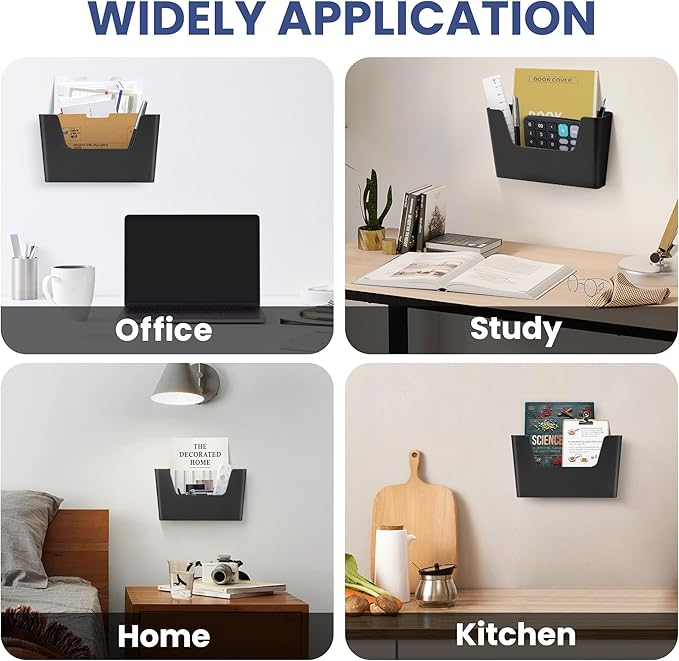 JOMOLA No Drilling File Holder 3 Pack Mail Organizer Wall Mount File Organizer Holder Office Wall Hanging Files Magazines Organizer Plastic Door Mount Wall Pocket with Adhesive Pad, Black Color - Image 5
