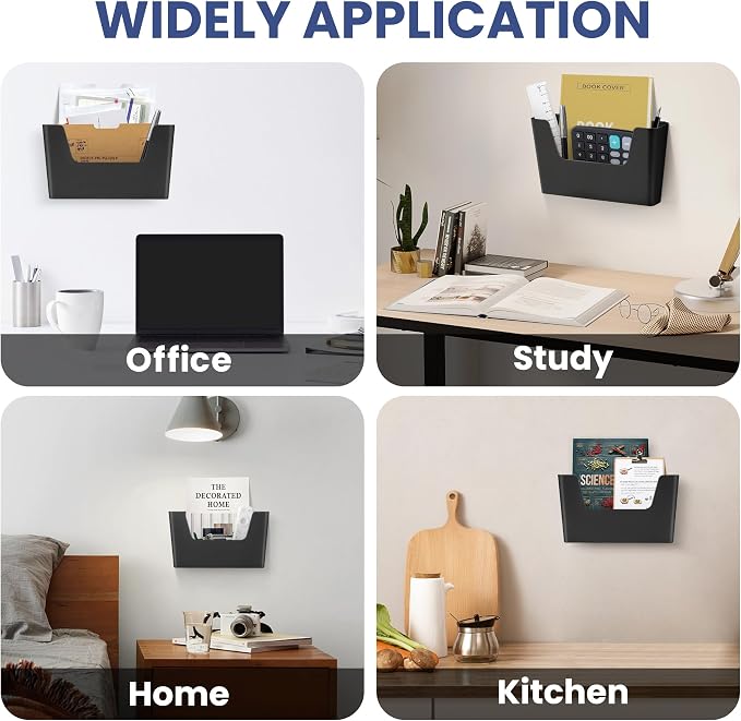 JOMOLA No Drilling File Holder 5 Pack Mail Organizer Wall Mount File Organizer Holder Office Wall Hanging Files Magazines Organizer Plastic Door Mount Wall Pocket with Adhesive Pad, Black Color - Image 6