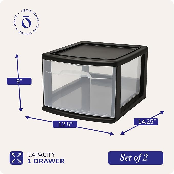 HOMZ 2-Pack 1-Drawer Storage Cart, Clear Plastic Container, 14.25" Wide Medium, Black Frame - Organizing Drawer Containers for Home, Bathroom, Bedroom, Office, and Classroom - Image 3