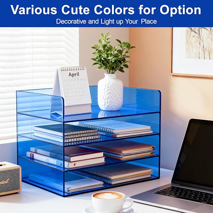 Gelite Acrylic File Organizer for Desk 4 Tiered Stackable Letter Tray Office Paper Storage Desktop Document Sorter, Blue - Image 5