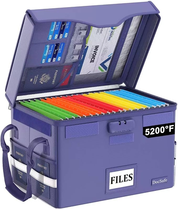 DocSafe 5200°F Fireproof Document Box with Lock,Heat Insulated File Organizer Storage with Pockets,Collapsible Portable Home Office File Safe Box with Handle for Hanging Letter/Legal Folders, Blue by DocSafe