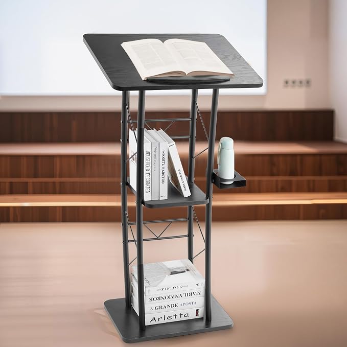 VEVOR Podium Stand, 47-Inch Metal Lectern, Curved Standing Podium with Wide Reading Surface, Open Storage Compartment, Book Stopper, Cup Holder, for Classroom, Wedding, Conference, Speech, and Concert - Image 8