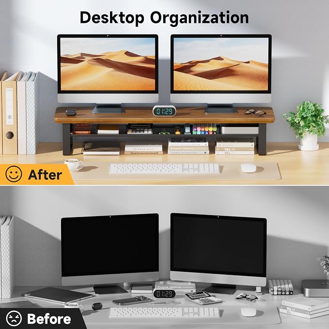 Dual Monitor Stand, 35.4 Inch Monitor Stand Riser for 2 Monitors, 2 Tiers Wood Desk Shelf with Storage, Desktop Organizer Stand for Computer, Laptop, Printer, TV - Image 3